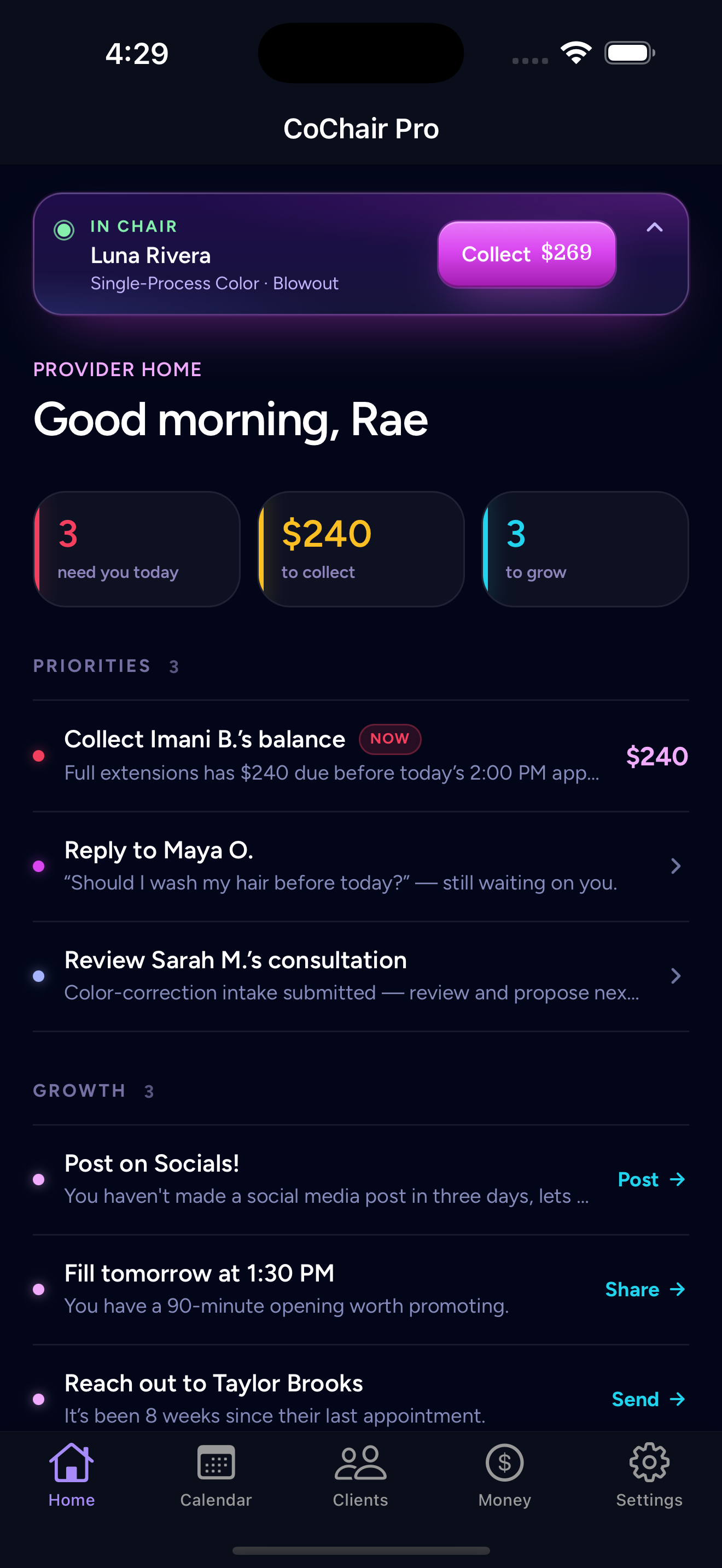 The Co-Chair Pro provider home screen — priorities and growth for the day